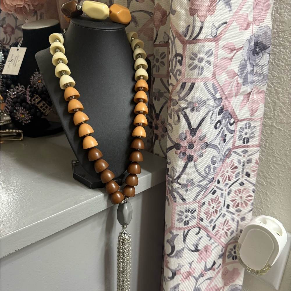 Sassy Jones Brown and Cream Beaded Necklace with Silver Tassel